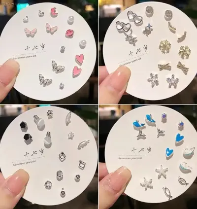 Korean Fashion Butterfly & Geometric Stud Earrings Set – Multiple Pairs Cute Small Earrings for Women & Girls
